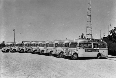 86416 Afbeelding verschillende Bedford autobussen (series 30-46, 1-5 en 8-14) van het G.E.B.R.U. op het Stadionplein te ...